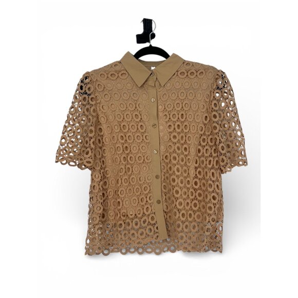 🥥 NWT Crochet Lace 2 Piece Set Collared Blouse & Shorts Khaki M 🥥 - Picture 5 of 10